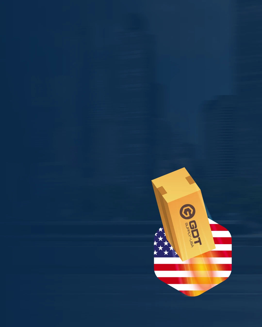 Golden GDT Supply USA package flying over an American flag icon on a dark blue background, representing fast and free nationwide U.S. shipping.